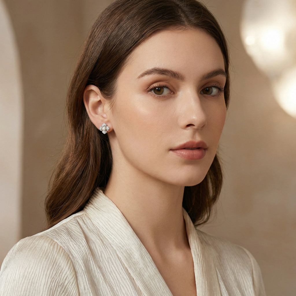 925 Sterling Silver Elegant Floral Pearl and Sparkling Accent Stud Earrings in White Metal Vera Lux