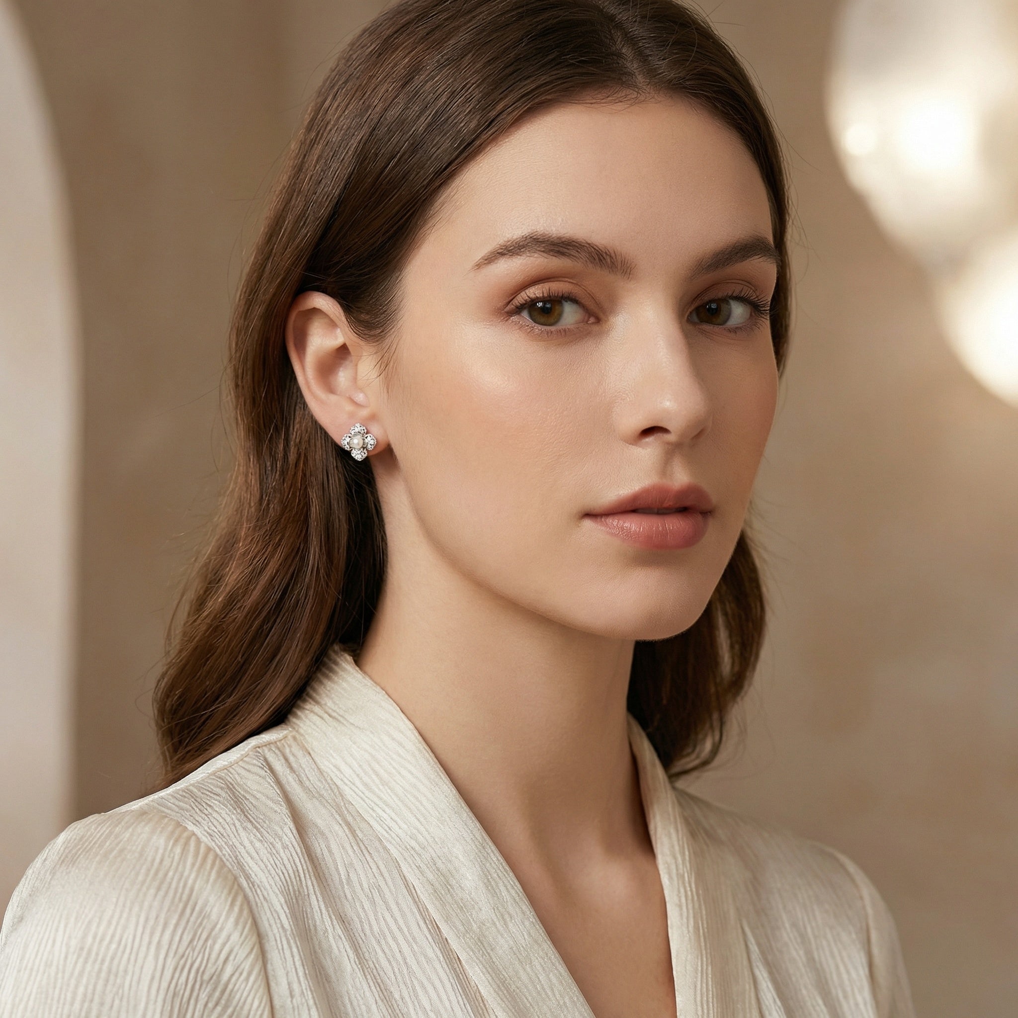 925 Sterling Silver Elegant Floral Pearl and Sparkling Accent Stud Earrings in White Metal Vera Lux