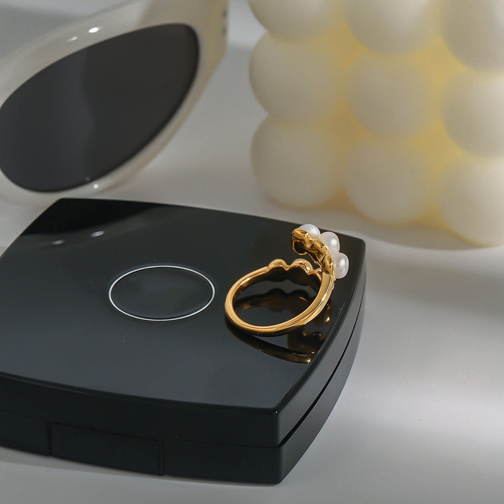 18K gold round bead-shaped pearl inlaid open ring with exquisite design Vera Lux