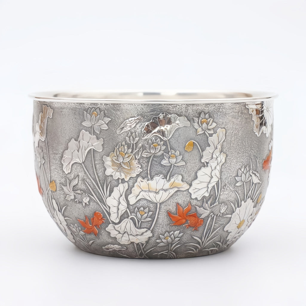 925 Sterling Silver Artisanal Silver Bowl Featuring Ornate Lotus Garden and Swimming Red Fish - Handicraft Vera Lux