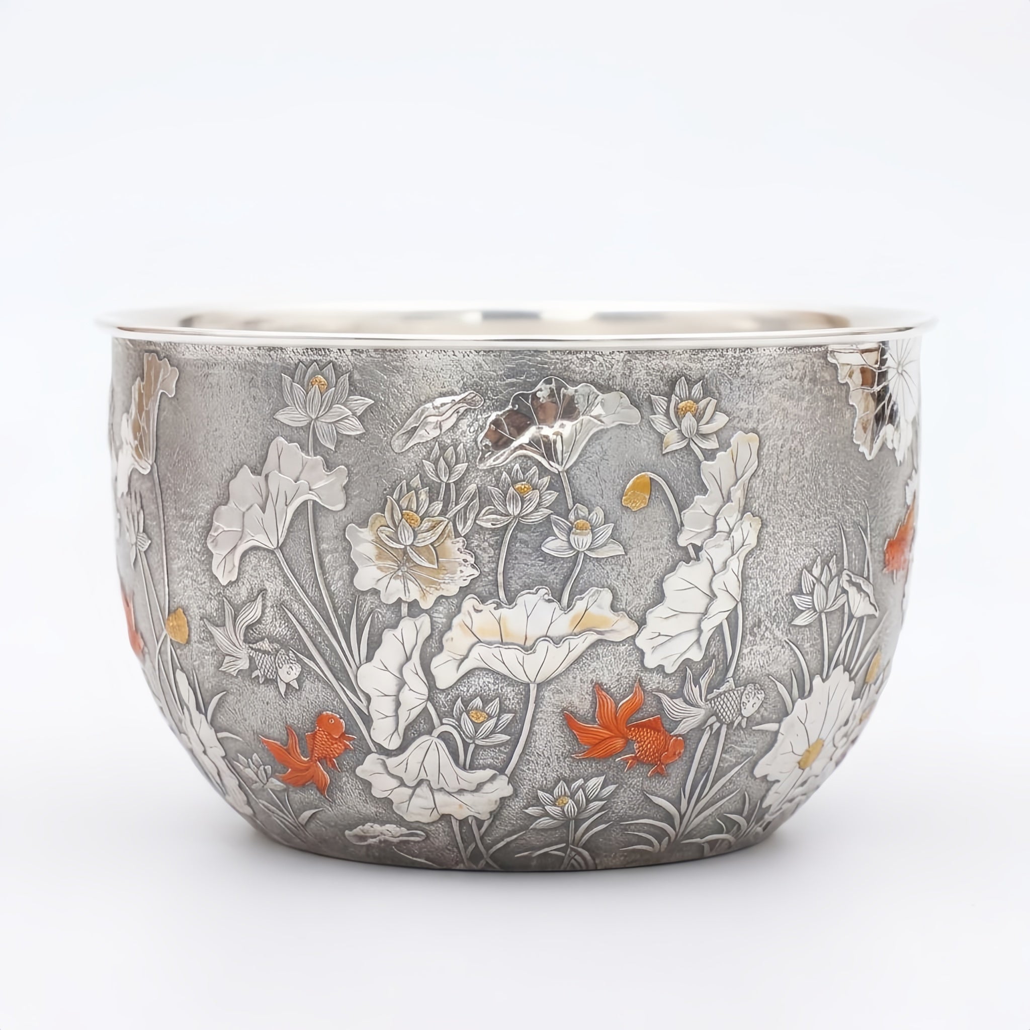 925 Sterling Silver Artisanal Silver Bowl Featuring Ornate Lotus Garden and Swimming Red Fish - Handicraft Vera Lux