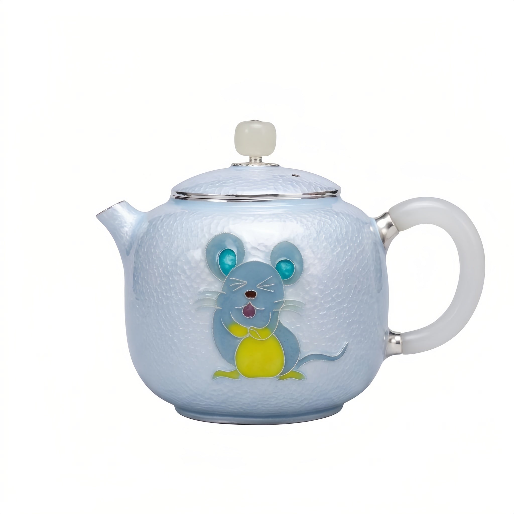 Pure 999 Fine Silver Artistic Blue Enamel Silver Teapot with Playful Mouse Motif and Jade Accents - Handicraft Vera Lux