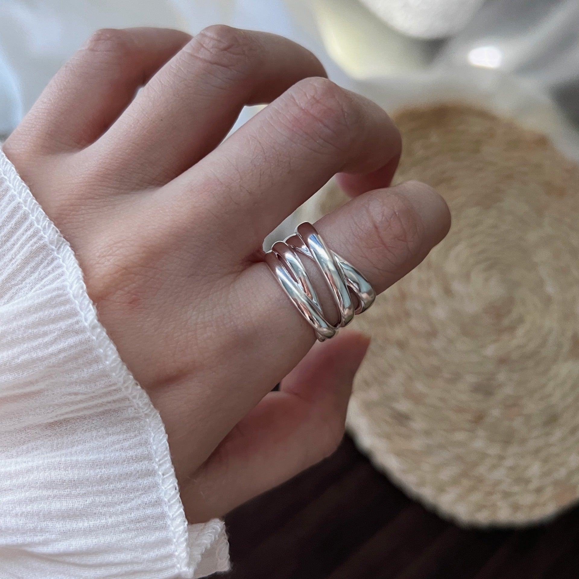 S925 Sterling Silver Heavy Craft Irregular Cross Line Ring, Multi-Layer Niche Silver Jewelry For Women, INS Style Band Vera Lux
