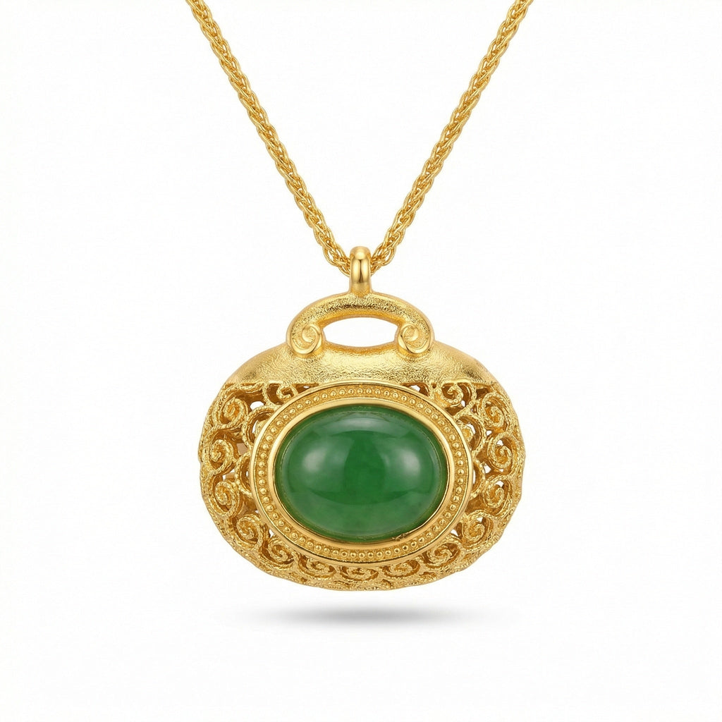 925 Sterling Silver Elegant Filigree Green Jadeite Pendant Necklace with Intricate Textured Metallic Detail Vera Lux