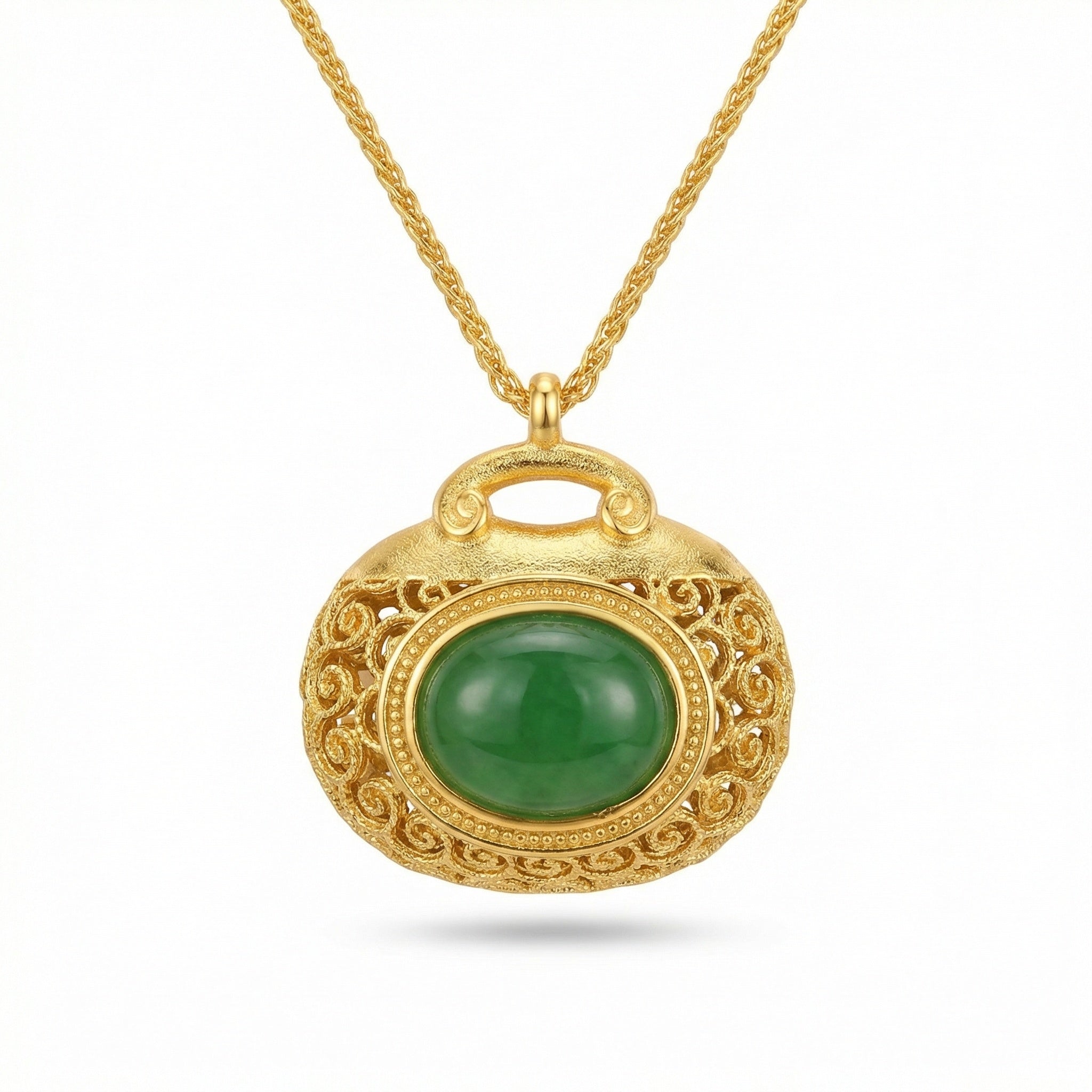 925 Sterling Silver Elegant Filigree Green Jadeite Pendant Necklace with Intricate Textured Metallic Detail Vera Lux