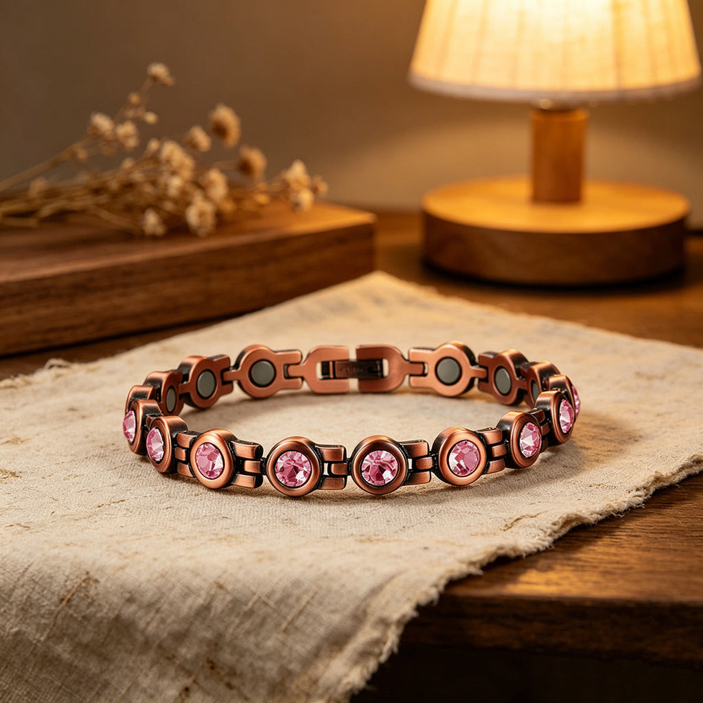 Retro Red Copper Magnetic Therapy Bracelet With Transparent Crystals Unisex Vera Lux