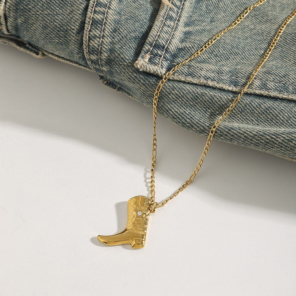 18K gold boots inlaid with gemstones and textured design trendy and unique necklace Vera Lux
