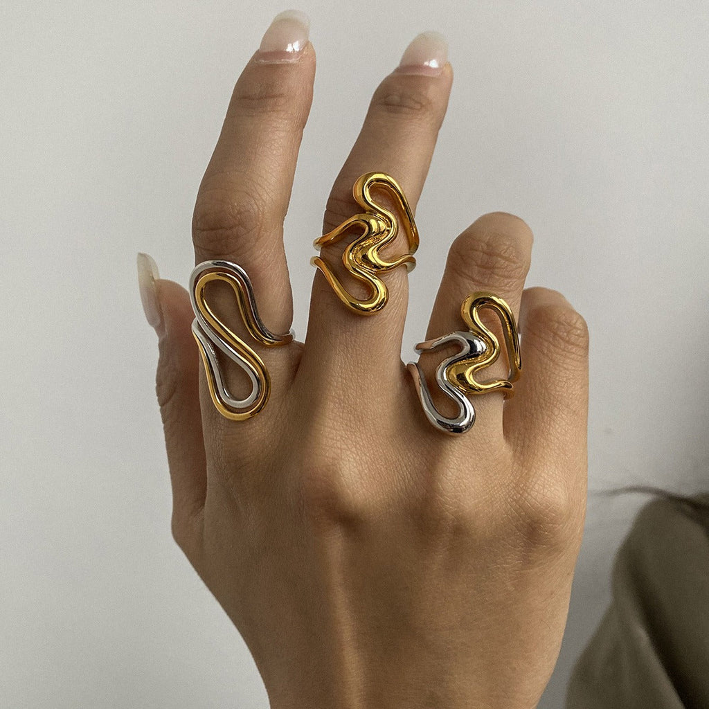18K gold irregular lines with gold and silver color matching design unique personality ring Vera Lux