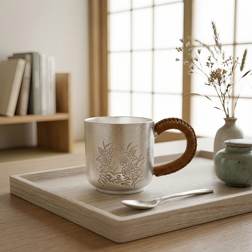 925 Sterling Silver Elegant Silver Tea Cup with Embossed Floral Design and Woven Rattan Handle - Handicraft Vera Lux
