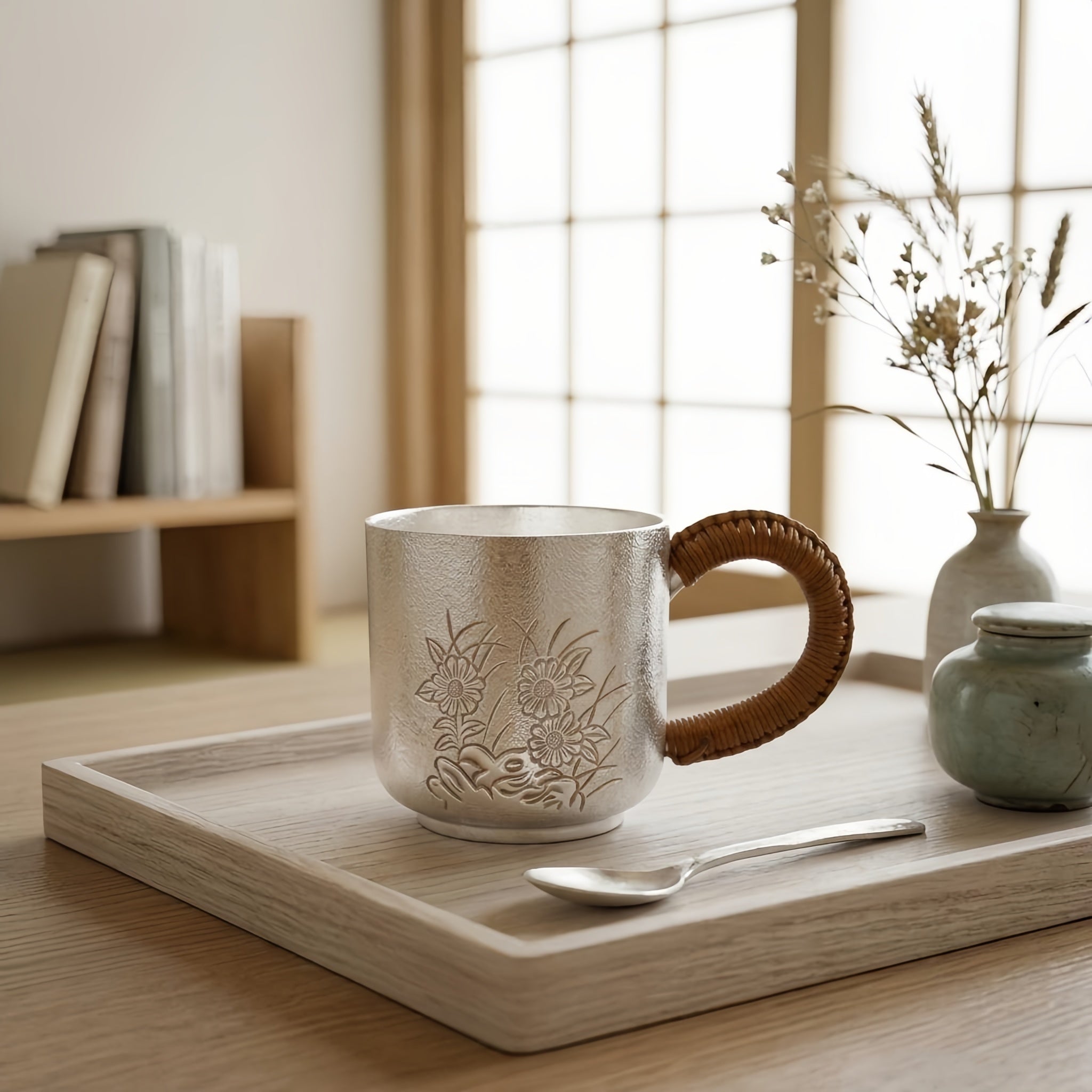 925 Sterling Silver Elegant Silver Tea Cup with Embossed Floral Design and Woven Rattan Handle - Handicraft Vera Lux