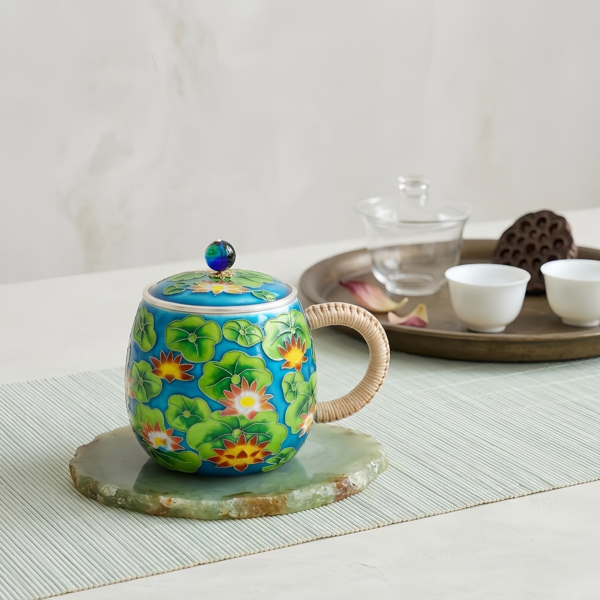 Pure 999 Fine Silver Vibrant Blue Enamel Lotus Flower Mug with Rattan Handle and Jeweled Lid - Handicraft Vera Lux