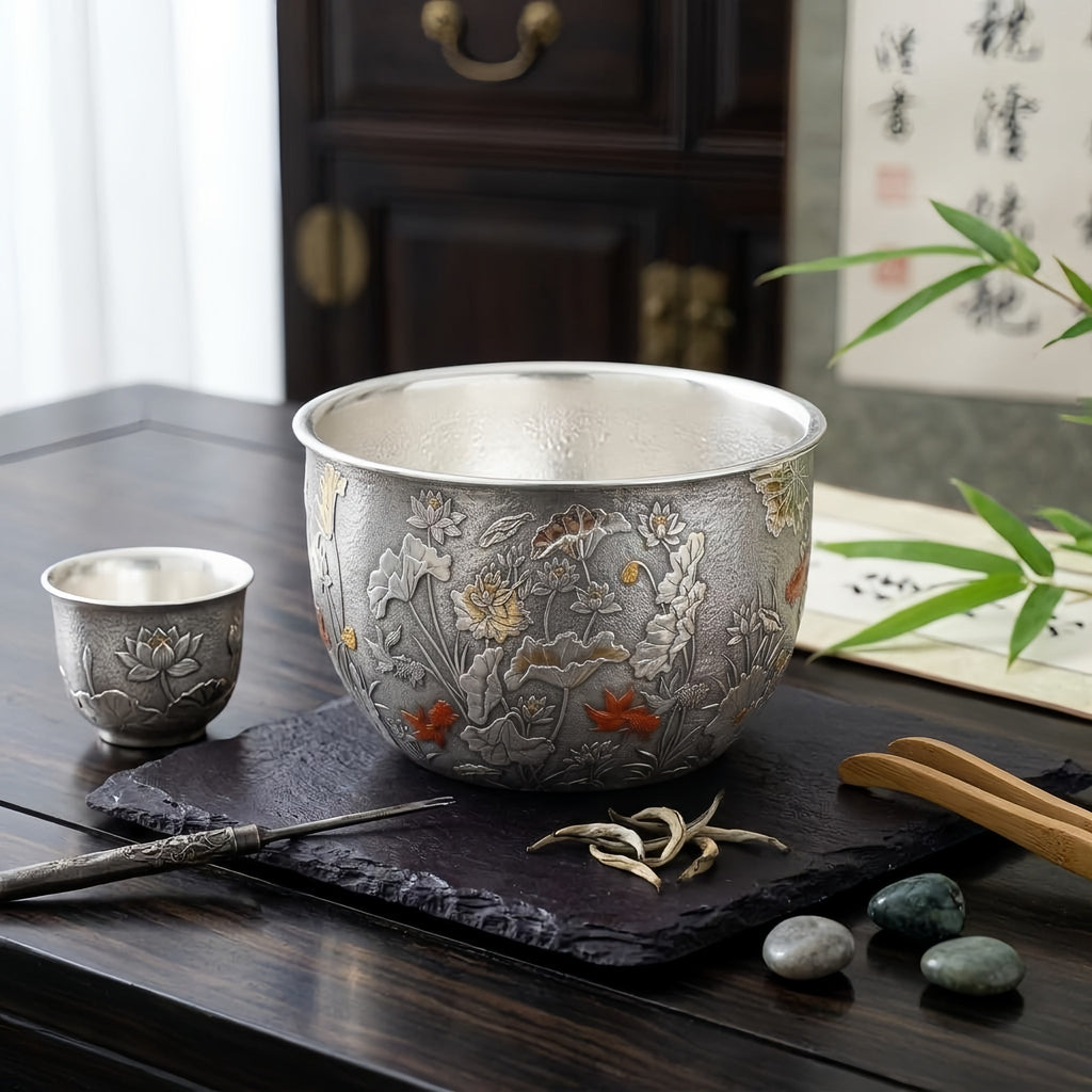 925 Sterling Silver Artisanal Silver Bowl Featuring Ornate Lotus Garden and Swimming Red Fish - Handicraft Vera Lux