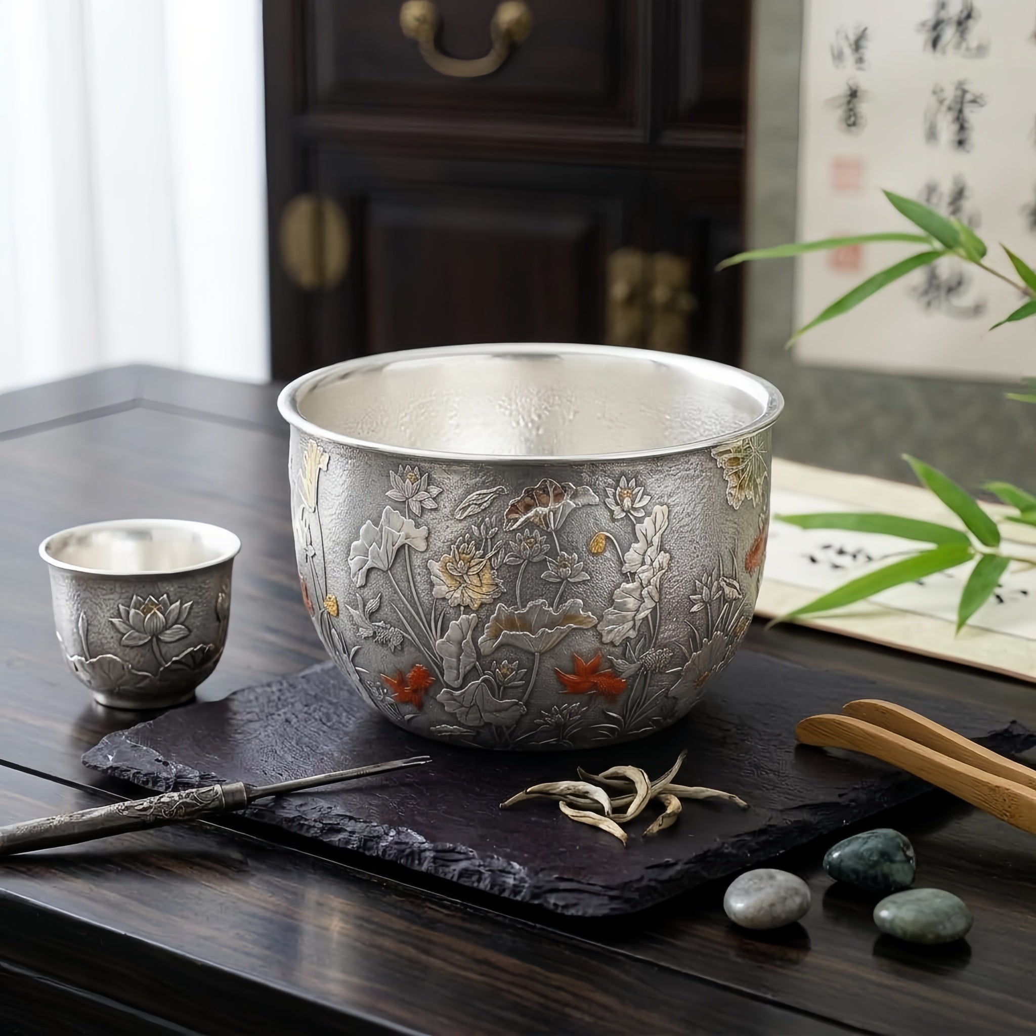 925 Sterling Silver Artisanal Silver Bowl Featuring Ornate Lotus Garden and Swimming Red Fish - Handicraft Vera Lux