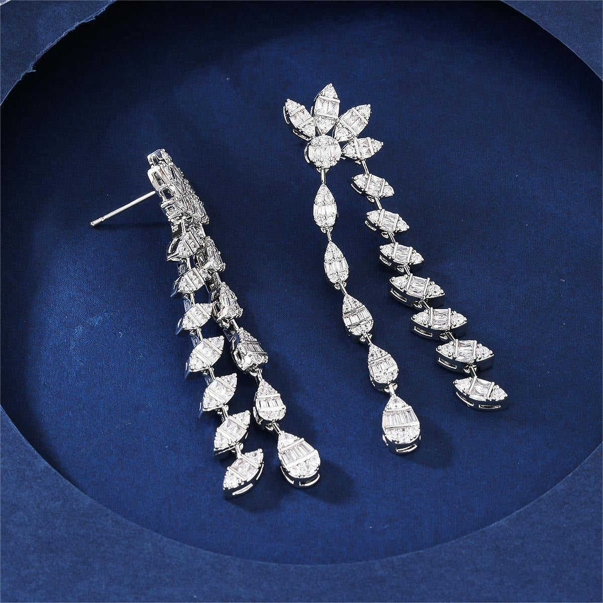 Double chain leaf-shaped earrings with full diamond embellishments Vera Lux