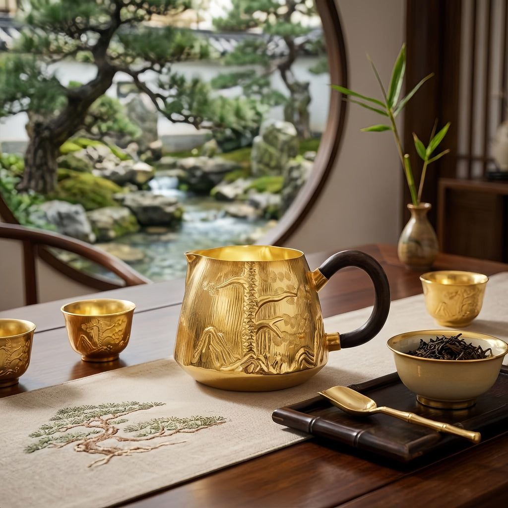 Pure 999 Fine Silver Elegant Handcrafted Gilded Pitcher Featuring Embossed Pine and Mountain Landscape with Dark Wood Handle - Handicraft Vera Lux