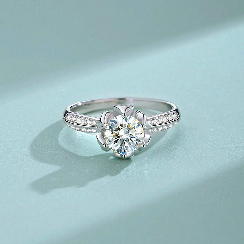 S925 Sterling Silver Anemone Flower Moissanite Diamond Ring Vera Lux