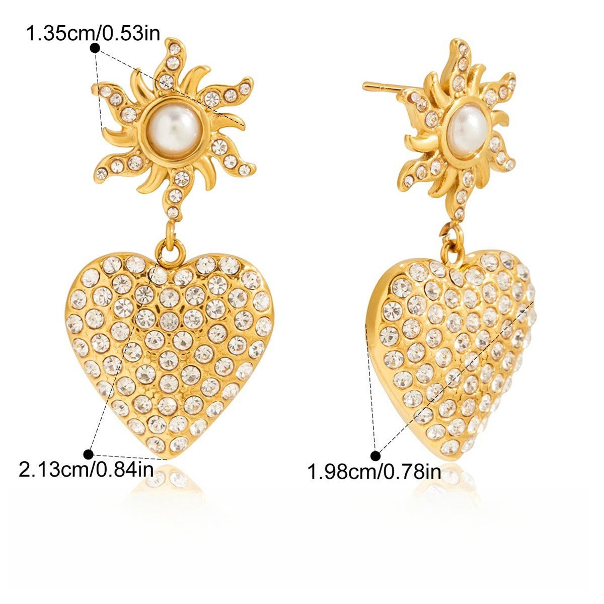 18K gold-plated, rhinestone-embellished heart-shaped pearl titanium steel stud earrings Vera Lux