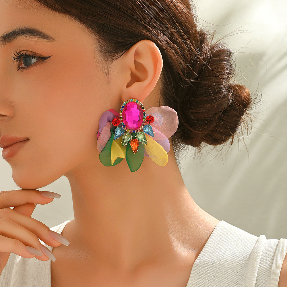 Handmade Coloful Glass Chiffon Flower Stud Earrings For Women Bold Fashion Jewelry Party Prom Vacation Vera Lux