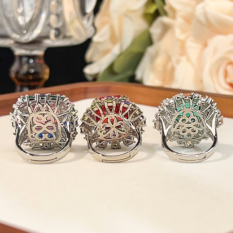 Luxury Oval Cut Simulated Emerald Ring, Multi-Color Gemstone Pave Setting Statement Ring For Women Vera Lux