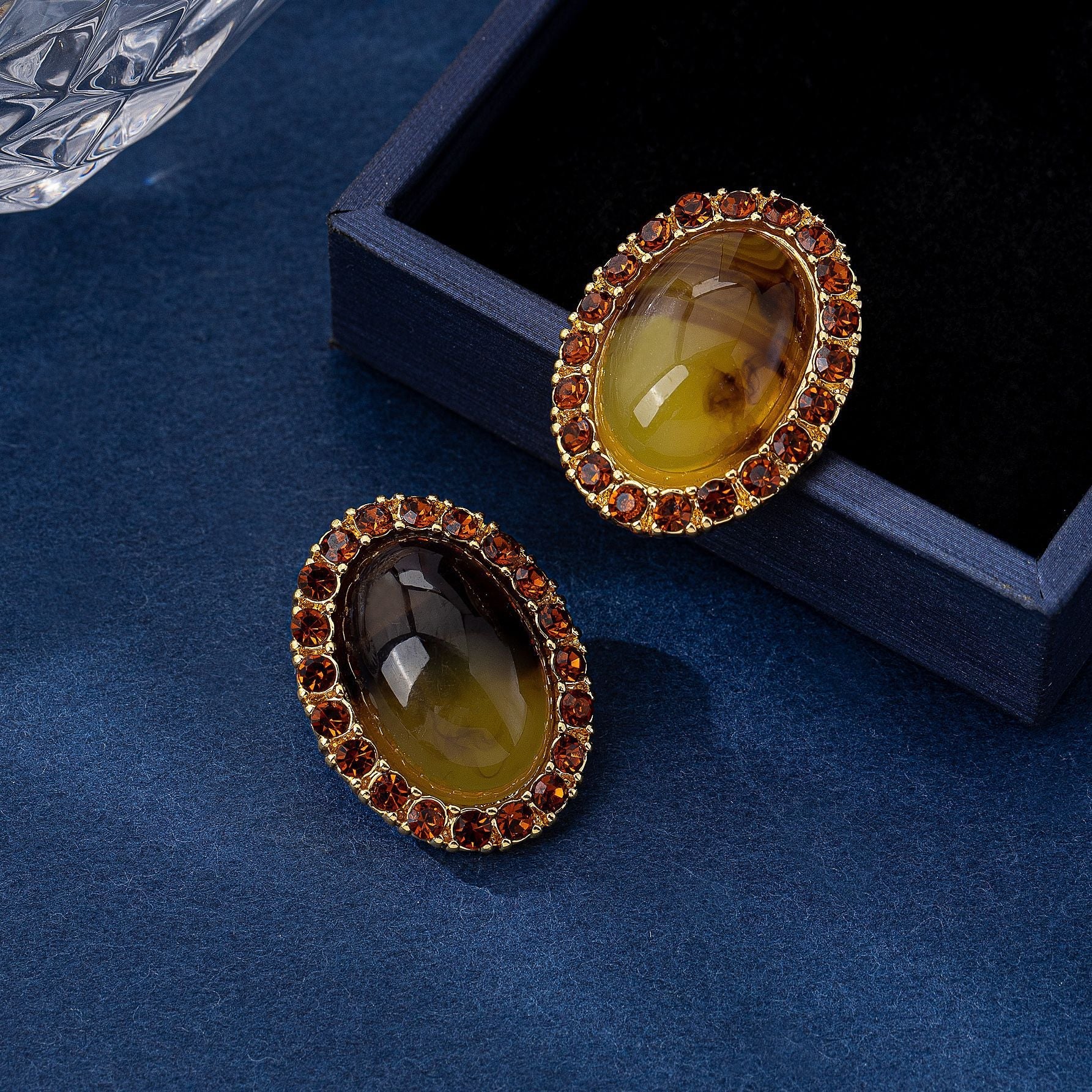 Vintage French Minimalist Luxe Oval Czech Crystal Earrings Vera Lux
