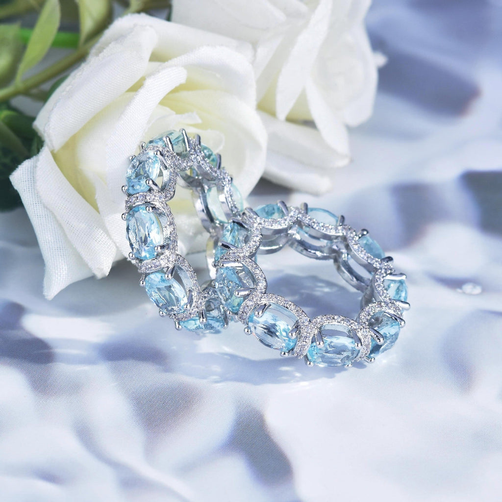 Luxury Oval Cut Aquamarine Eternity Band Ring, Micro Pave Blue Gemstone Stackable Ring For Women Vera Lux
