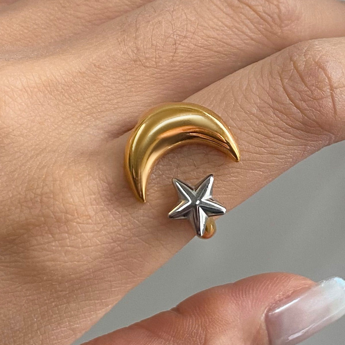 18K gold moon and star with gold and silver color matching design trendy personality open ring Vera Lux