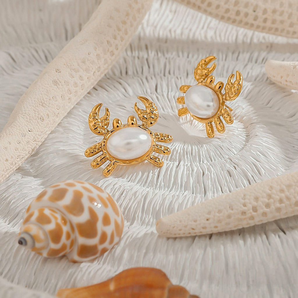 18K gold crab-shaped earrings inlaid with pearls, exquisite and unique design Vera Lux