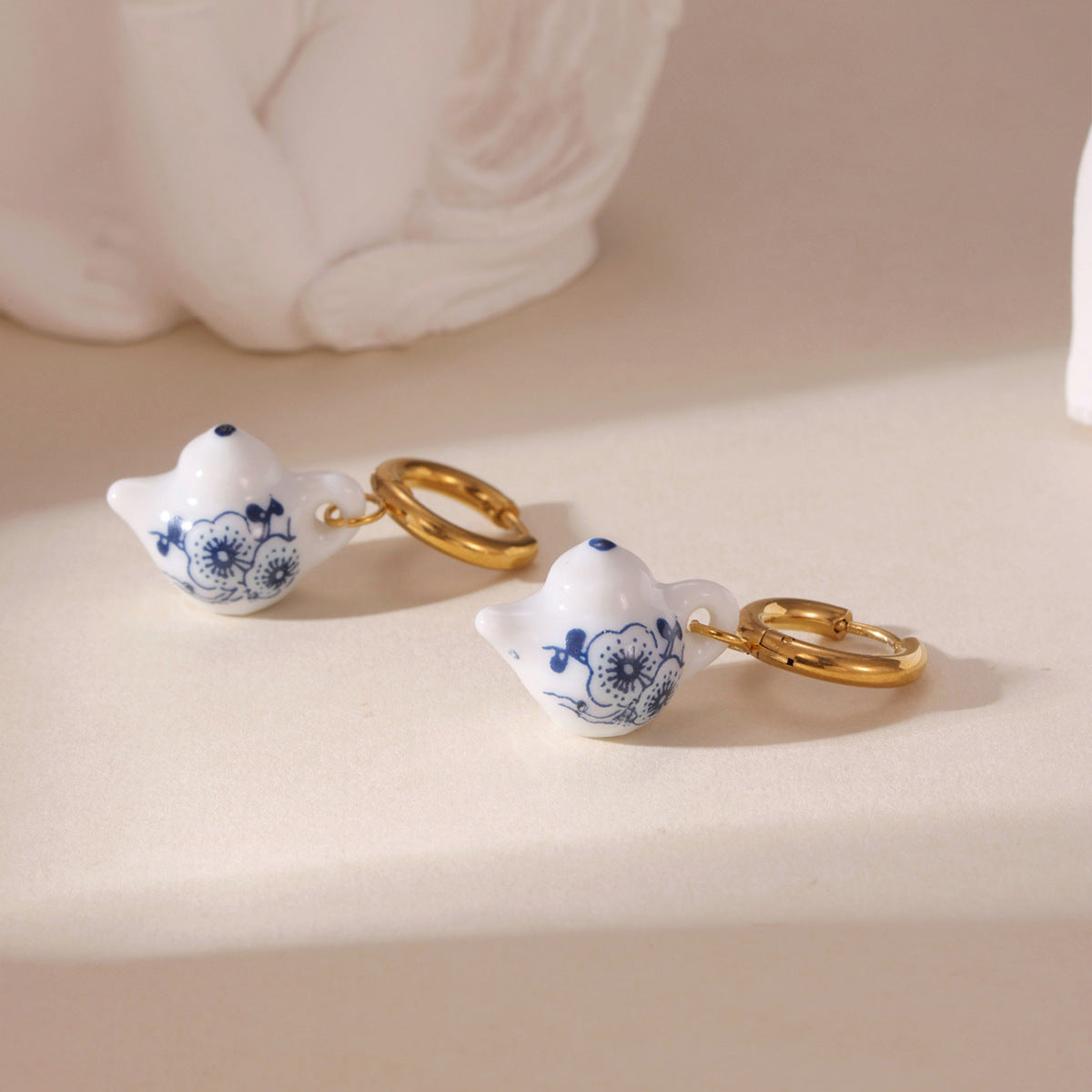 New Chinese Blue And White Porcelain Earrings, 18K Gold Plated Stainless Steel Ceramic Dainty Drop Earrings For Women Vera Lux