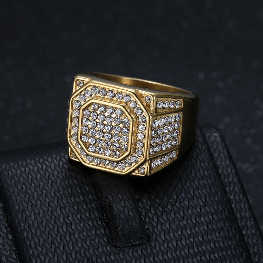 Titanium Steel Gold-Plated Full-Crystal Mens Ring Vera Lux