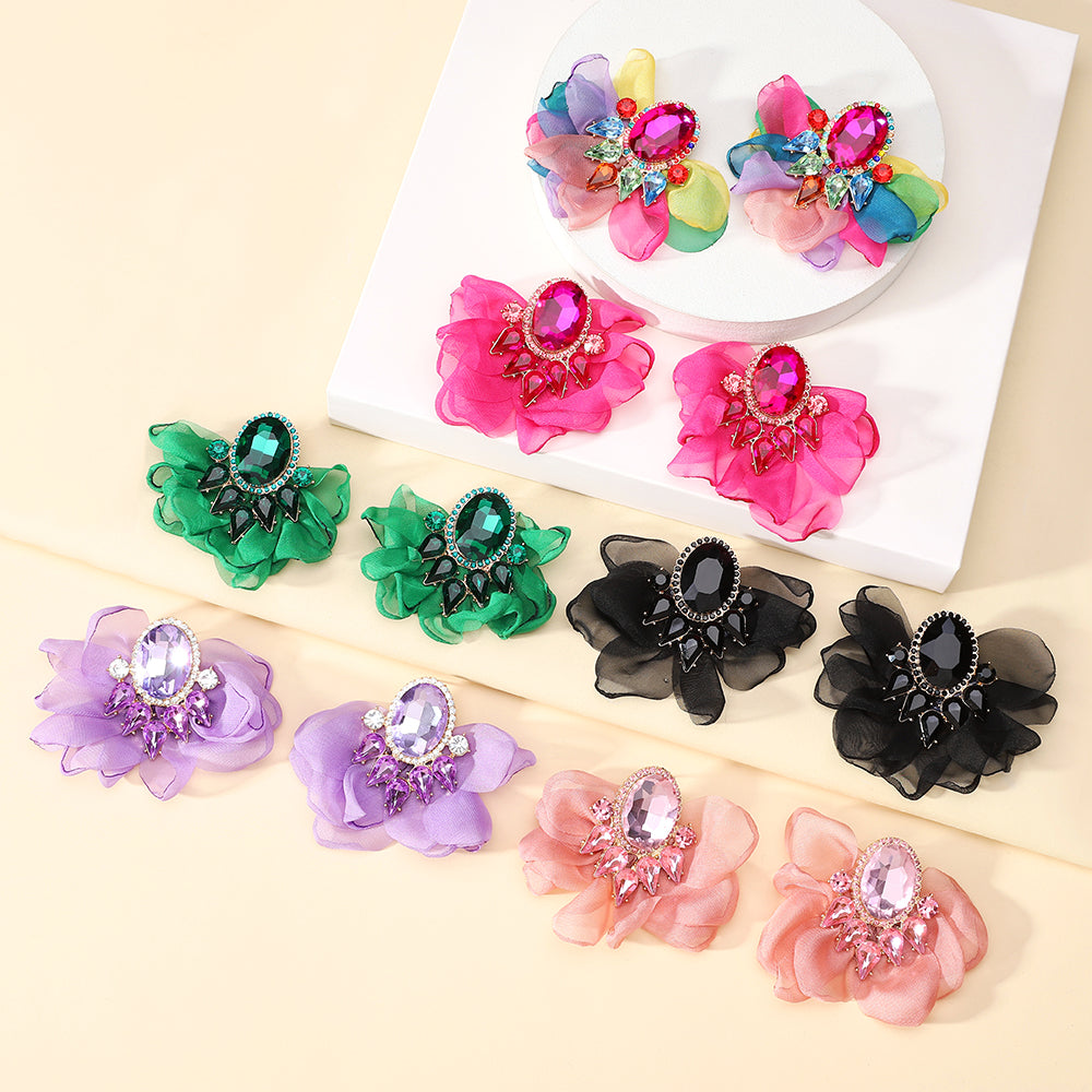 Handmade Coloful Glass Chiffon Flower Stud Earrings For Women Bold Fashion Jewelry Party Prom Vacation Vera Lux
