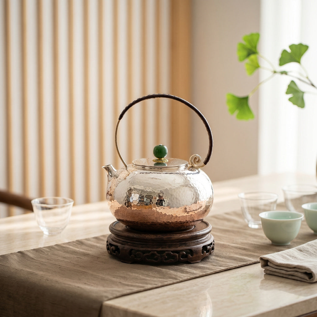 925 Sterling Silver Elegant Hammered Metal Teapot with Two-Tone Finish and Woven Handle-Fine large teapot - Handicraft Vera Lux
