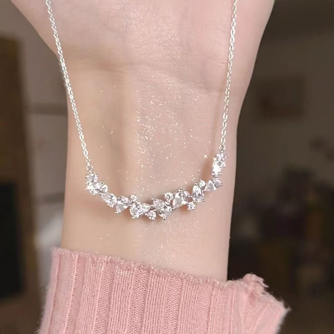1pcs 999 Sterling Silver Cluster CZ Smile Bar Necklace, Luxury Delicate Style, Ideal For Birthday Gifts Vera Lux