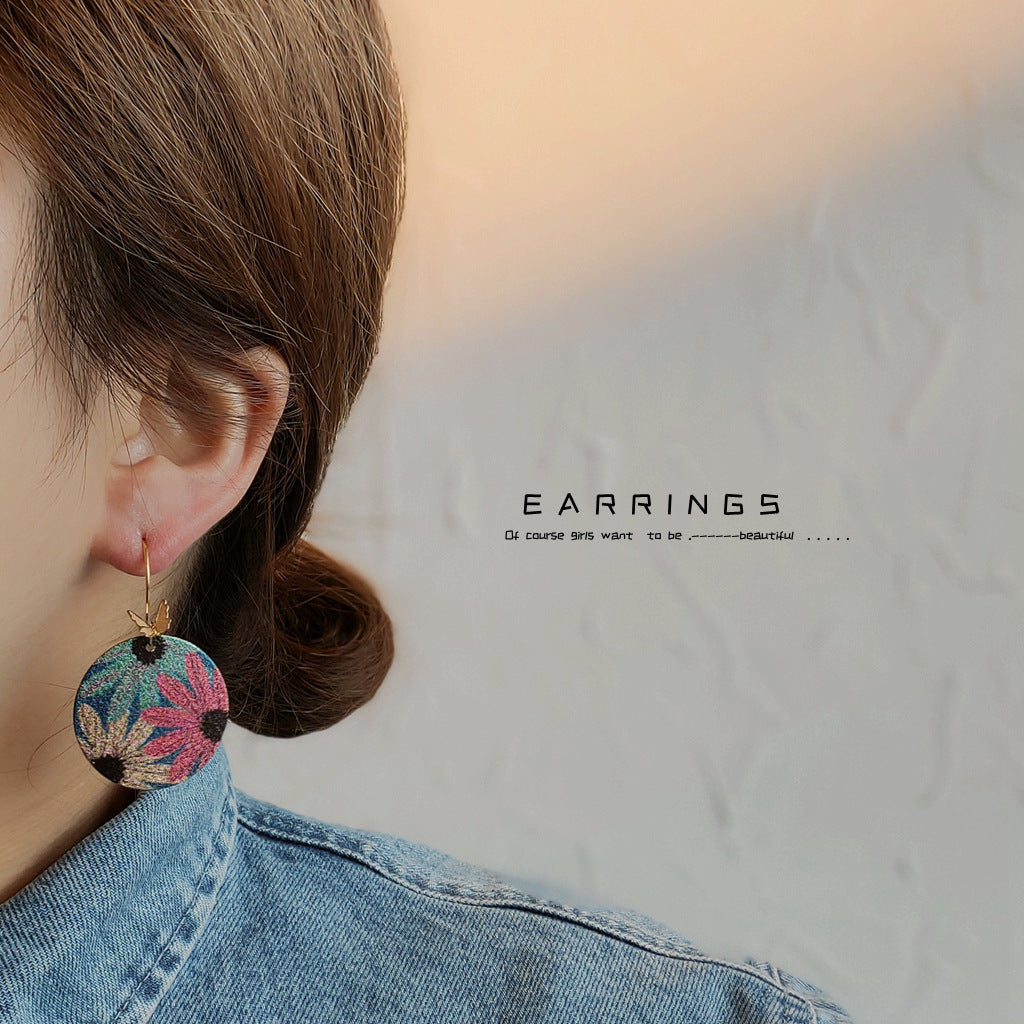 Real Gold-Plated Round Geometric Statement Earrings With Butterflies And Flowers Vera Lux