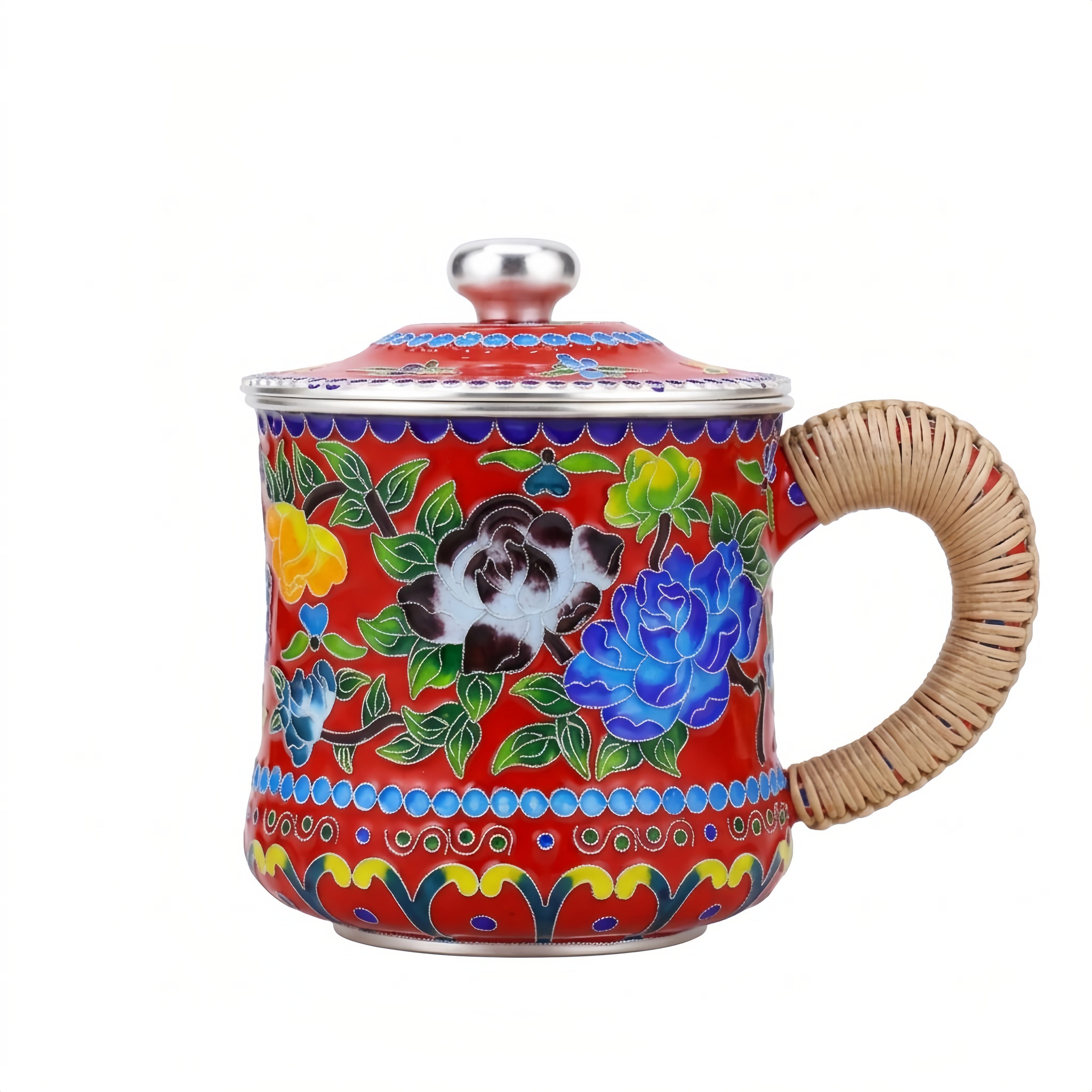 925 Sterling Silver Handcrafted Enamel Tea Cup with Bamboo Handle and Vibrant Floral Design-Premium Indigo Tea Mug - Handicraft Vera Lux