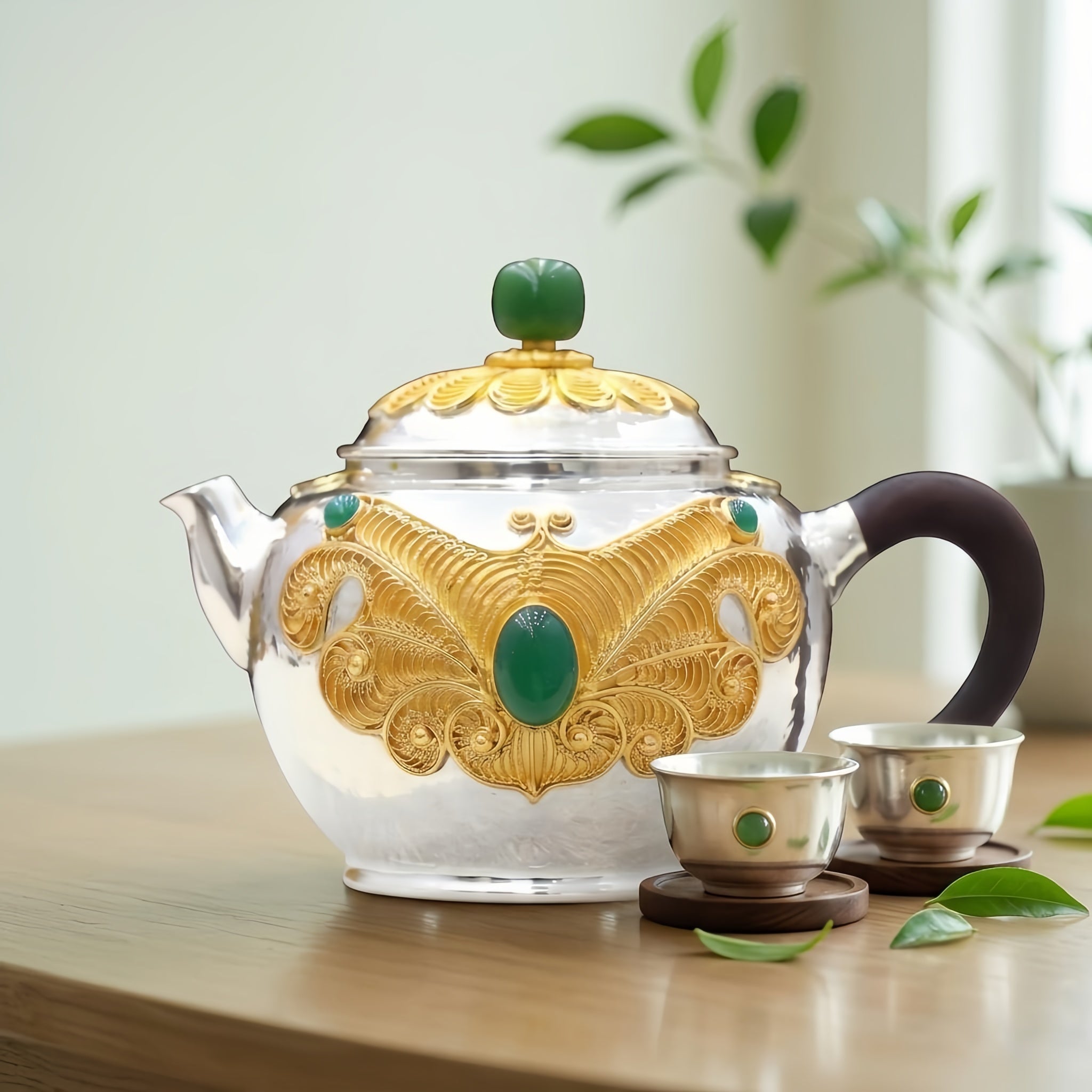 Pure 999 Fine Silver Exquisite Filigree Silver Teapot with Vibrant Green Gemstone Accents - Handicraft Vera Lux