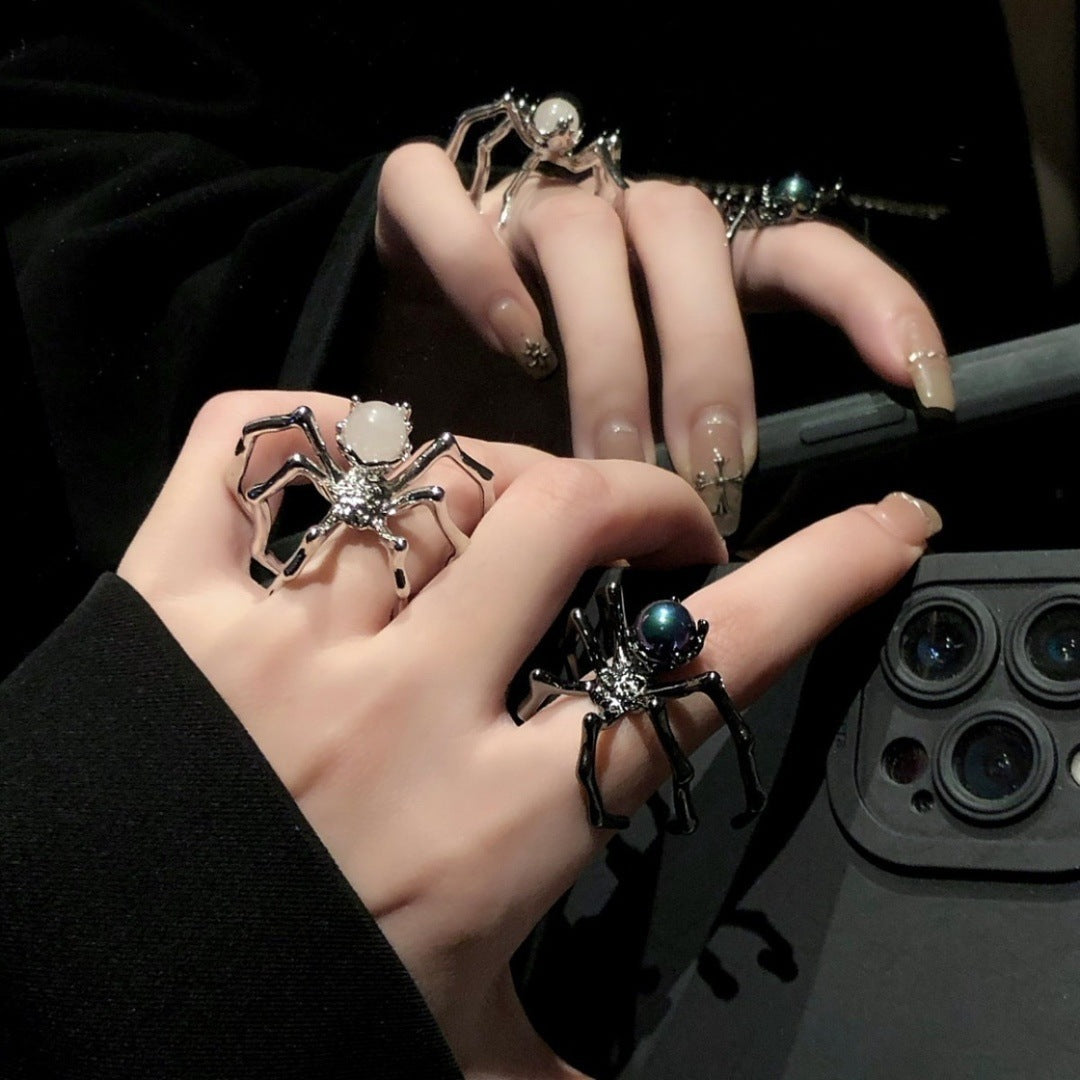 Dark Punk Spider Ring With Moonstone, Ins Style Unique Design, Minimalist Metal Cool Tone Adjustable Open Ring Vera Lux