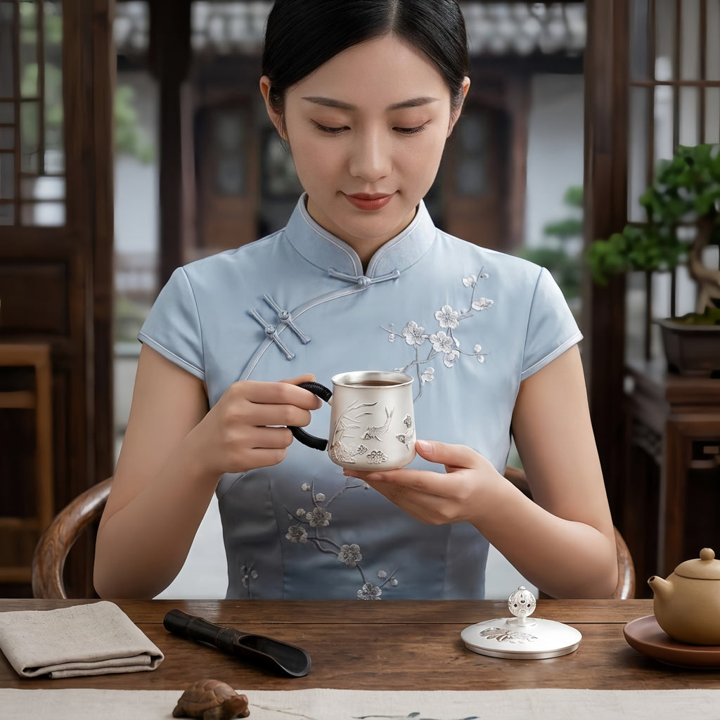 Pure 999 Fine Silver Elegant Ceramic Tea Cup with  Fish and Floral Design-Premium Tea Mug - Handicraft Vera Lux