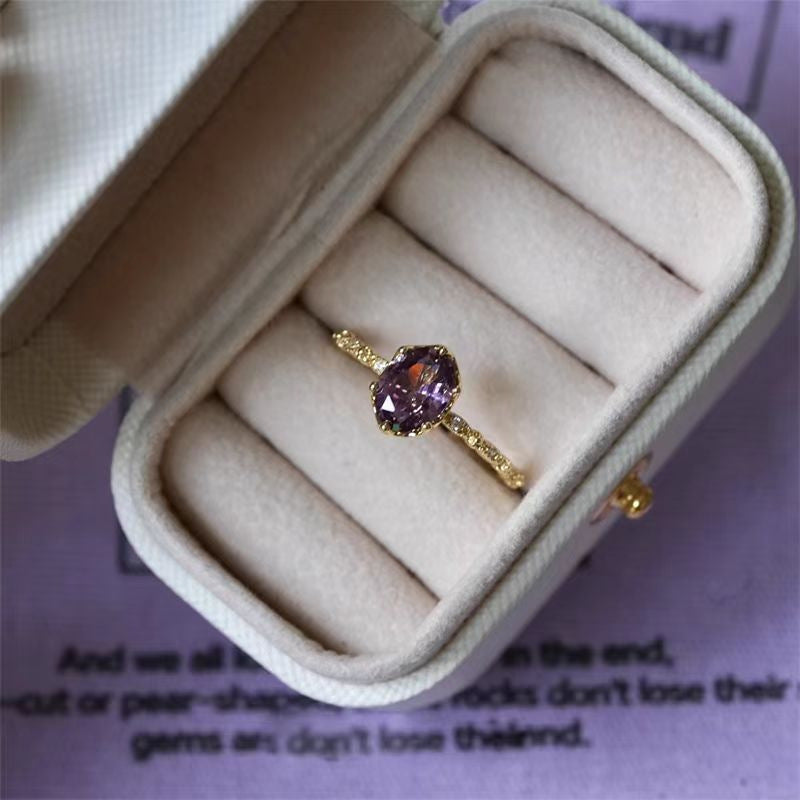 French Vintage Olive Purple Zircon Open Ring, Elegant Light Luxury Niche High-End Jewelry For Women Vera Lux
