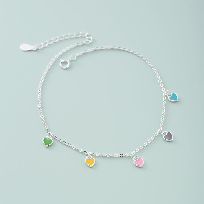 925 Sterling Silver Colorful Heart Oil-Drop Anklet For Women Vera Lux