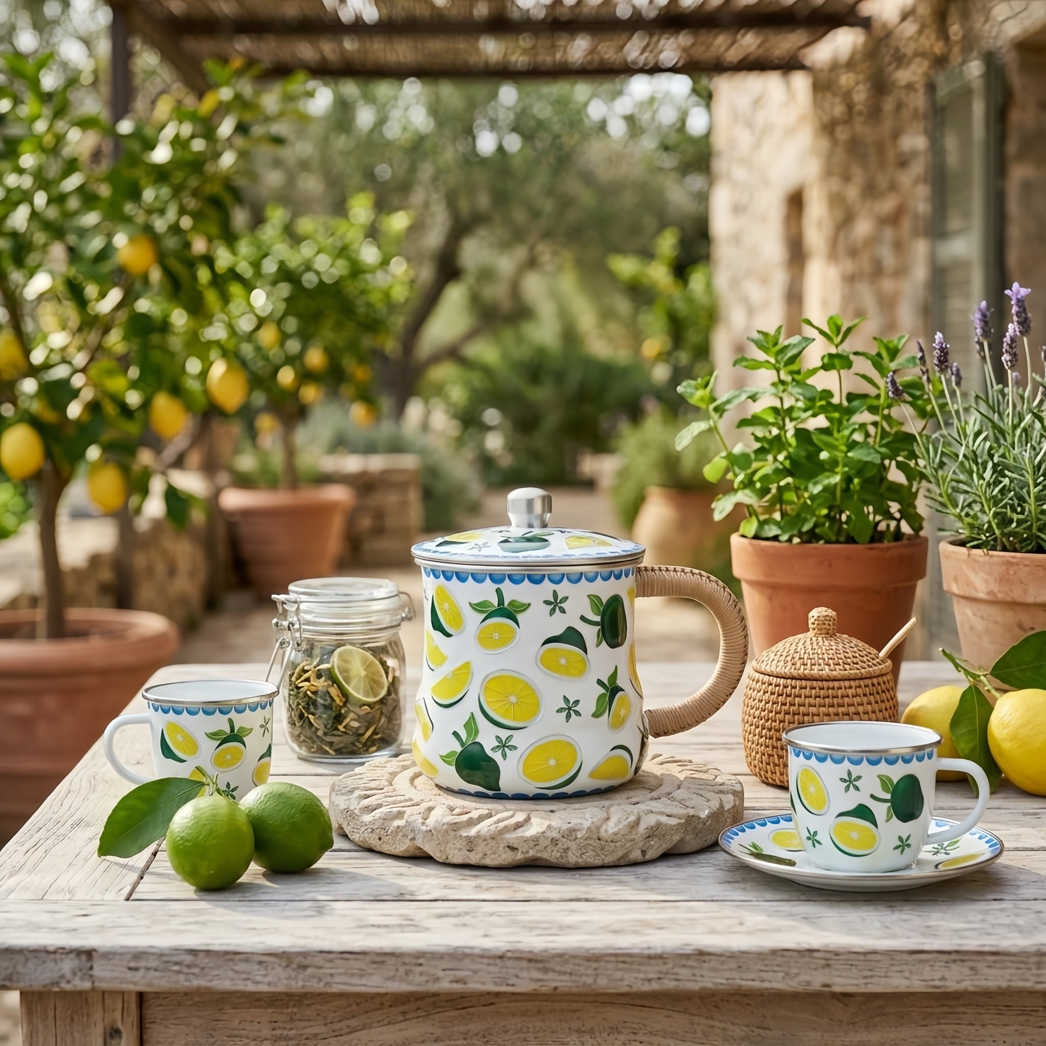 Pure 999 Fine Silver Vibrant Citrus Print Enamel Mug with Natural Wicker Handle and Lid - Handicraft Vera Lux