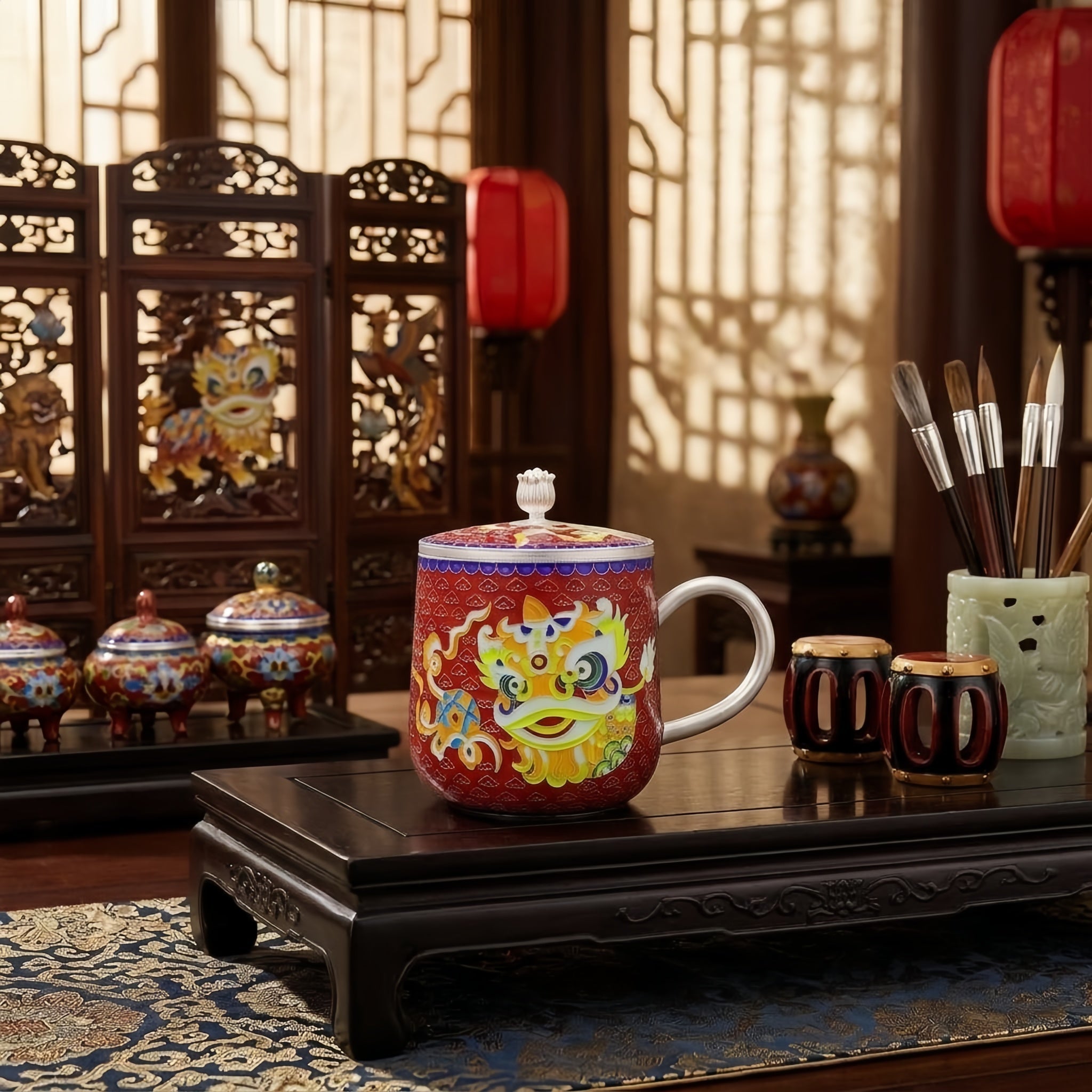 Pure 999 Fine Silver Chinese Lion Dance Enamel Mug: Traditional Artistry and Cultural Heritage-Premium Indigo Tea Mug - Handicraft Vera Lux
