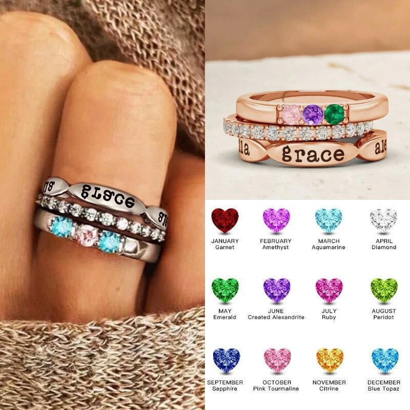12 Color Birthstone Three Piece Combination Stacked Ring Vera Lux