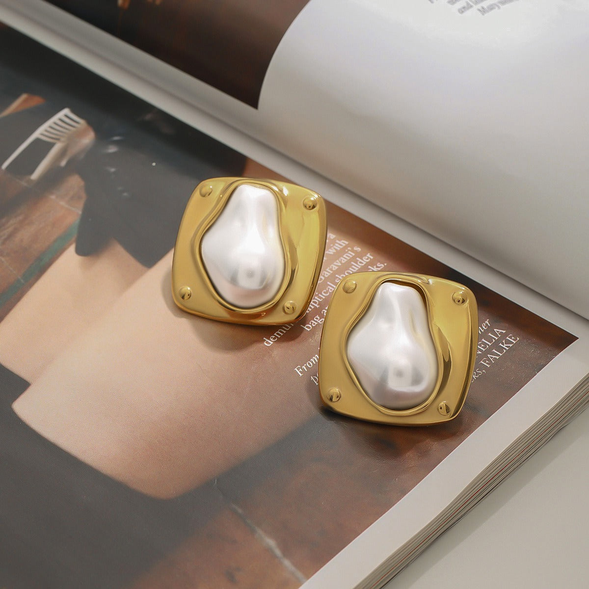 18K gold geometric square inlaid irregular pearls exquisite design dazzling earrings Vera Lux