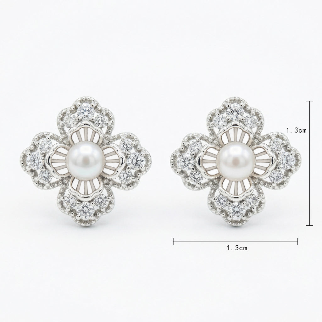 925 Sterling Silver Elegant Floral Pearl and Sparkling Accent Stud Earrings in White Metal Vera Lux