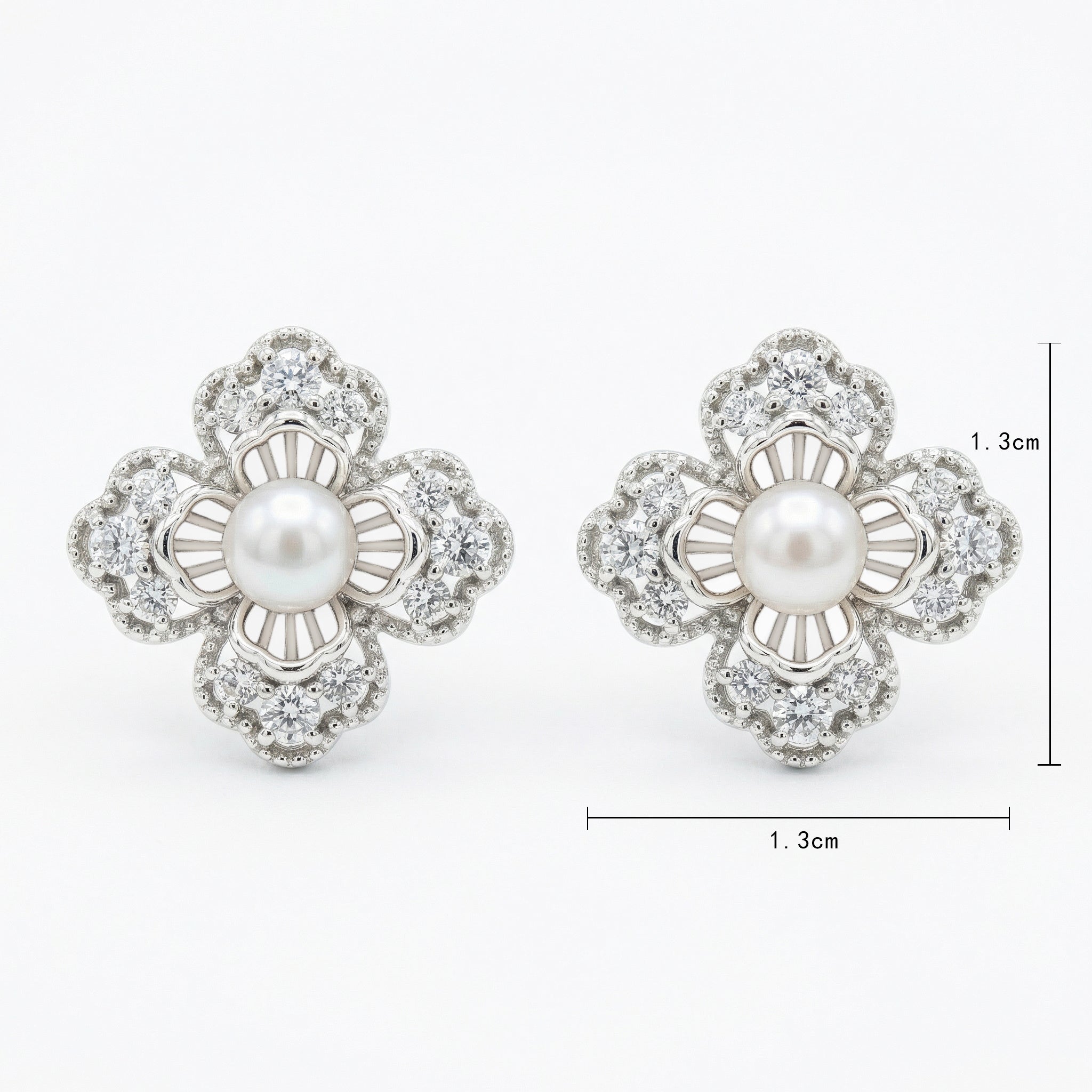 925 Sterling Silver Elegant Floral Pearl and Sparkling Accent Stud Earrings in White Metal Vera Lux
