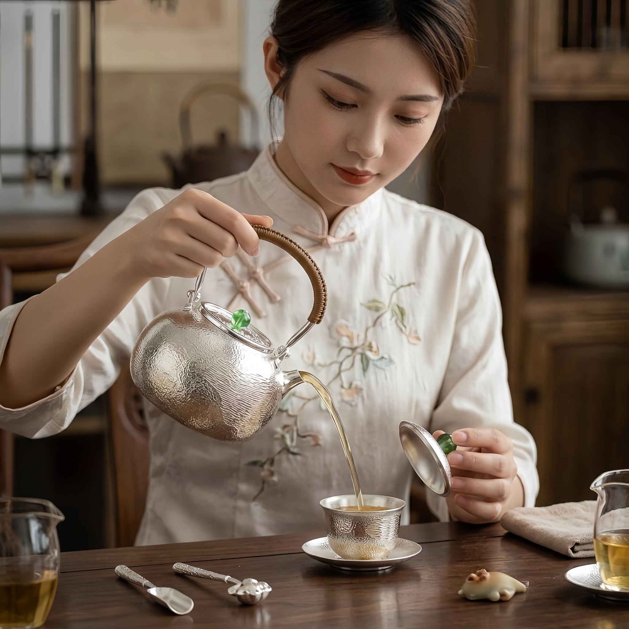 Pure 999 Fine Silver Handcrafted Textured Silver Teapot with Woven Rattan Handle and Green Jade Knob - Handicraft Vera Lux