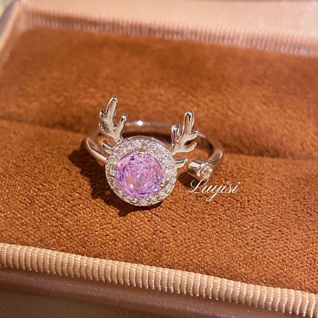 Dainty Purple Crystal Deer Head Ring, Adjustable Stackable Ring, Fashion Jewelry For Women Daily Wear Vera Lux