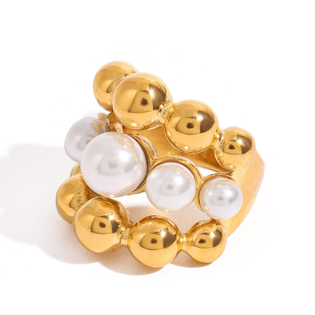 18K gold multi-layer round beads with pearl design exquisite high-end ring Vera Lux