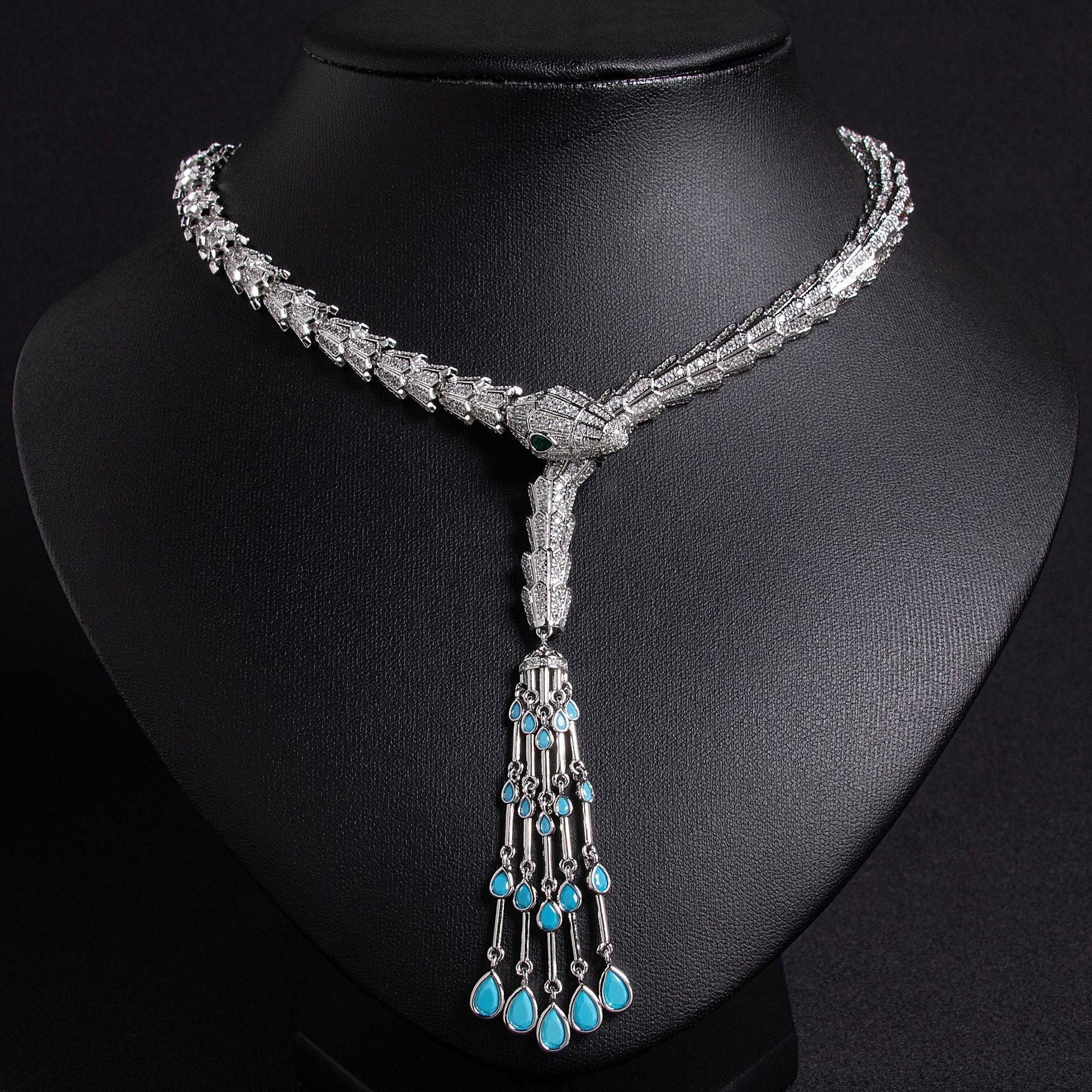 Serpentine Tassel Necklace with Diamonds and Zirconia Vera Lux