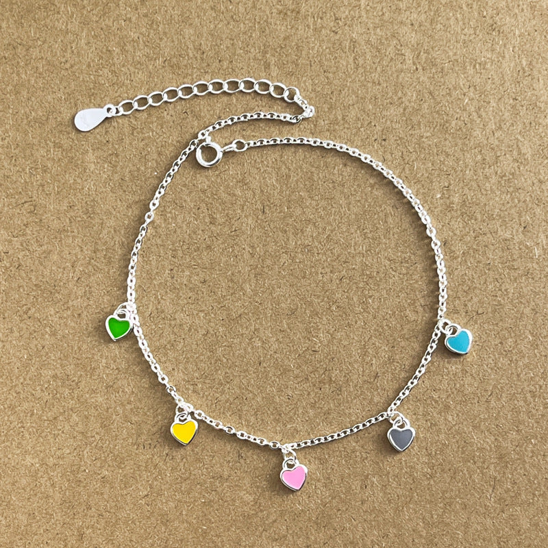 925 Sterling Silver Colorful Heart Oil-Drop Anklet For Women Vera Lux